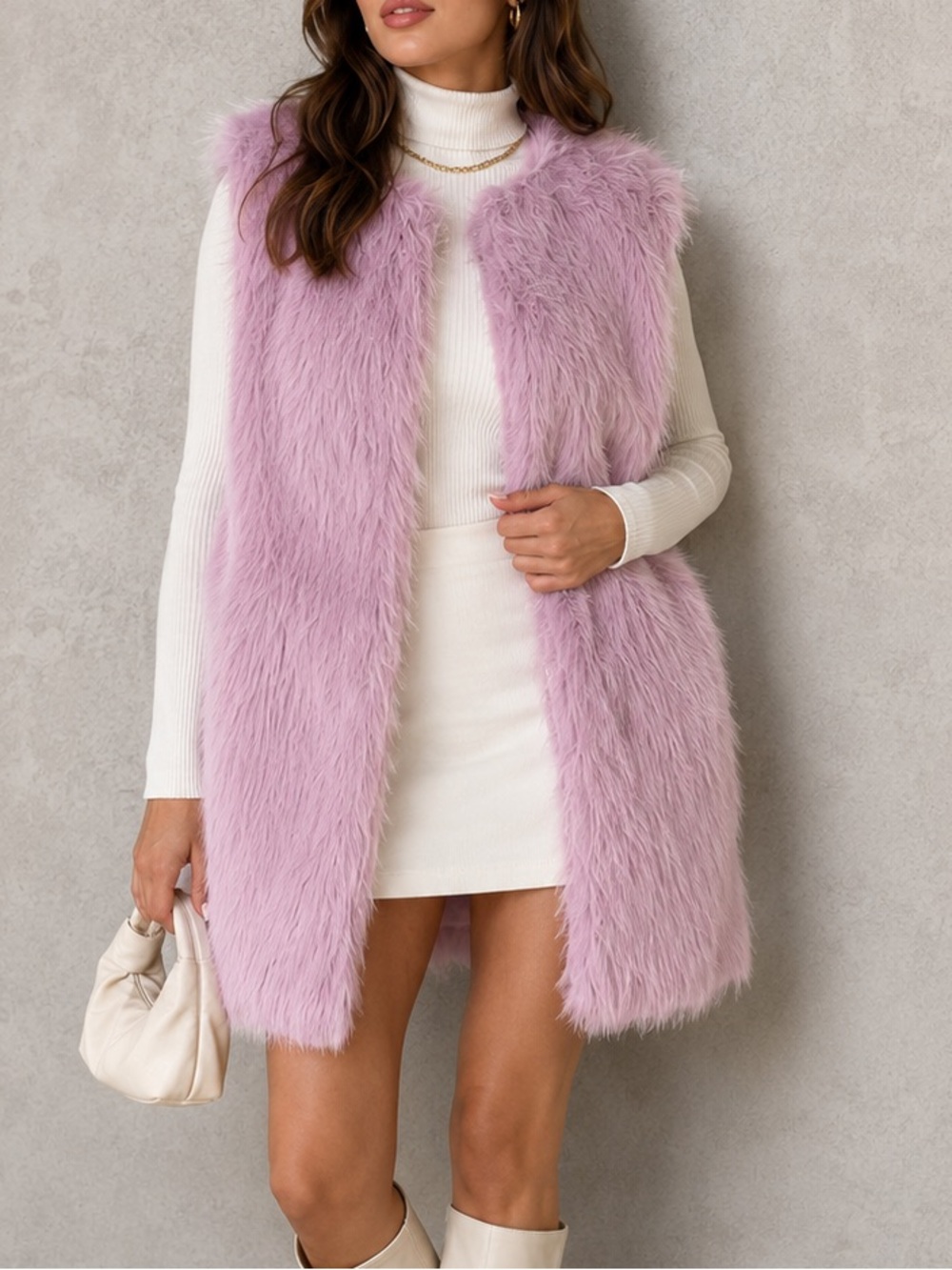 JustFab Lavender Faux Fur Longline Vest Womens Size Small Boho Winter Layering